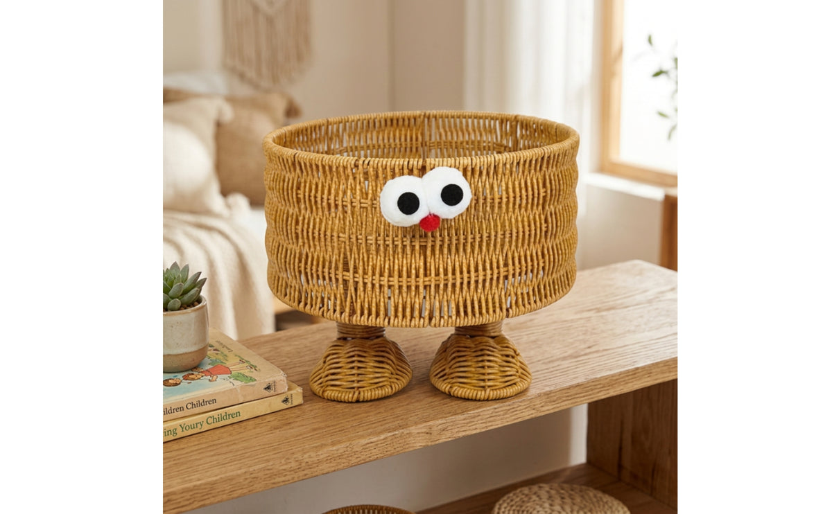 Decorative Woven Basket with Face Rattan Wicker Storage Bin Natural Open-Top for Children, Desktop, Bedroom, Bedside Table