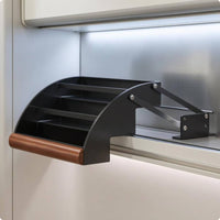 Hydraulic Damping Pull down Seasoning Rack Beech Wood Front Strip 3-Tier Seasoning Organizer Curved Metal Frame Pull down Cabinet Organizer Easy Reach