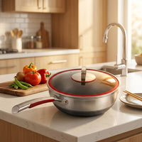 Frying Pan for Stir Fry and Professional Wok Induction Hob, Stainless Steel Wok with Lid, Deep Flat Bottom Fry Pan for Induction, 8.75cm Depth