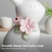 Flower Wreath Feature Easter Rabbit Table Decor Holiday Gift Easter Bunny Statue Cute Design for Tabletop, Desktop