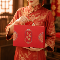 Gift Box, Present Box with Lid, Dragon & Phoenix Red Paper Box, For Year-end Gifts and Weddings