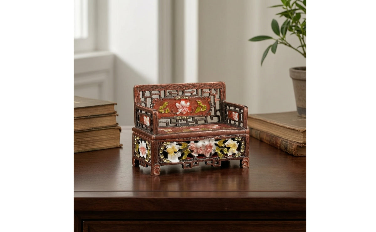 Miniature Bench Copper-Toned Miniature Chair Metal Ornament with Enamel Carved Furniture Elegant for Collectors, Tabletop