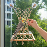 Parrot Multi-purpose Glass Suction Perch Vine Swing Bird Toy with Hemp Rope and Wood Stand