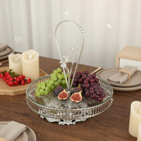Multi-Purpose Ornate Silver Fruit Plate with Handle Stable Base Single Tier Serving Stand European Design Mirrored Dessert Tray for Banquet, Hotel, Wedding, Living Room