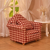 Padded Armrests 1:12 Dollhouse Sofa Wood and Textile Checkered Upholstered Sofa Cushioned Dollhouse Couch Rounded Back