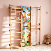 Rope Net Wooden Climbing Frame Swing Seat Indoor Climbing Frame Wildlife Print Horizontal-Rung Ladder Polished Finish for Children, Indoors, Home