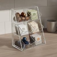 Space-Saving Acrylic Coffee and Tea Organizer Easy Reach Tea Bag and Sugar Packet Organizer Detachable Bins for Office Breakroom, Pantry