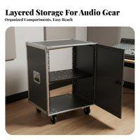Heavy-Duty Wheeled Audio Flight Case Reinforced Corners Rolling Audio Equipment Rack With Casters Safeguarding Carrier Recessed Handles for Musicians, Event Technicians, Home Studio Owners, Live Performances, Touring, Events, Travel