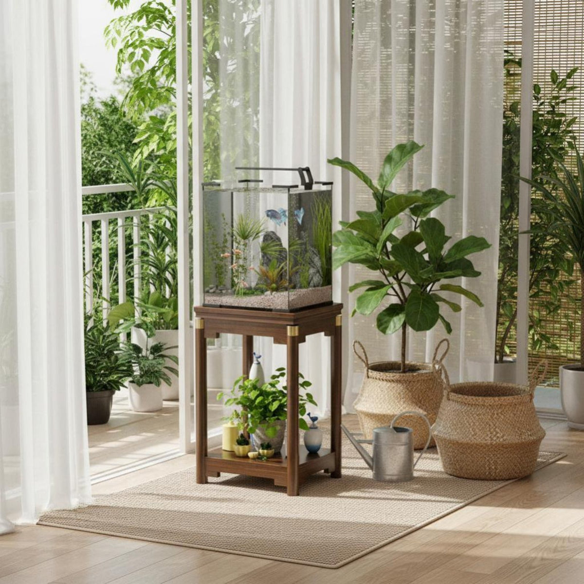 Compact Size Two-Tier Pedestal Table Multi-Purpose Plant Stand Easy Assembly Indoor Furnishing Strong Load-Bearing for Interior Design Enthusiasts, Apartment Dwellers, Aquarium Hobbyists, Living Room, Small Areas, Bedroom, Entryway