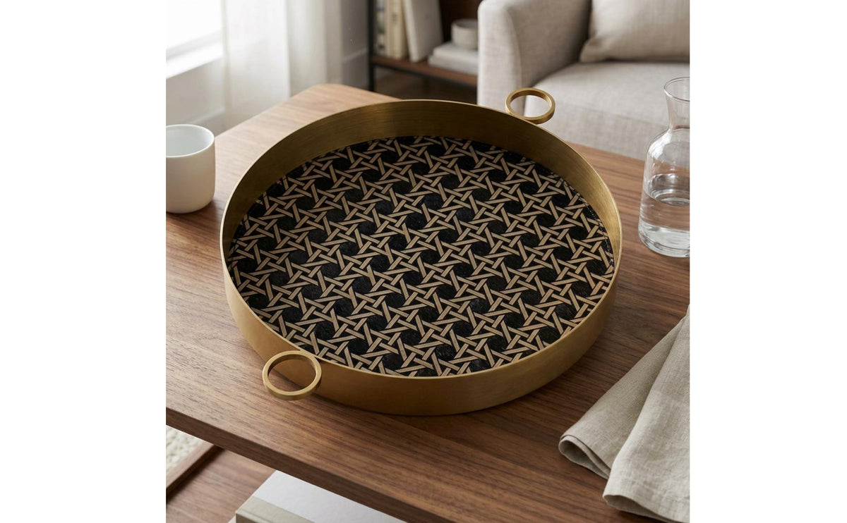 Antique Bronze Round Decorative Tray Raised Rim Woven Tray Side Handles House Decoration Geometric Pattern