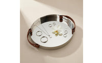 Leather Handled Tray Stainless Steel Mirrored Tray Shallow Rim Serving Platter for Tabletop Display