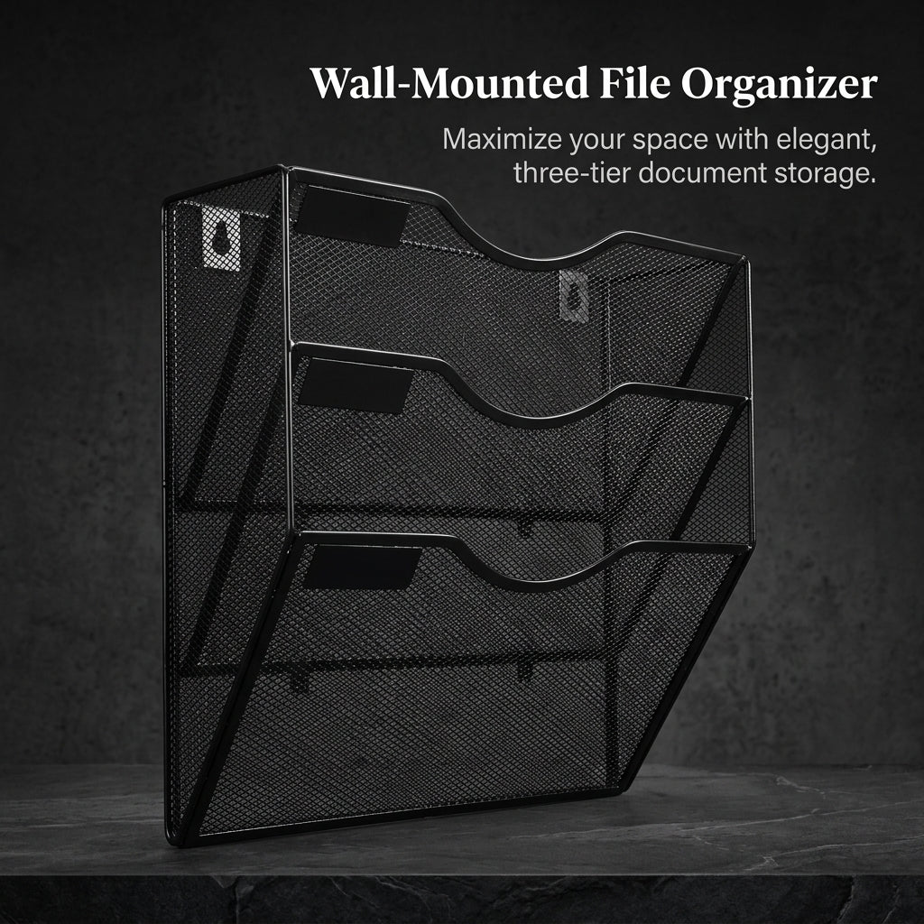 3 Tier Wall Mounted File Holder, Metal Document Rack for Office Storage, Hanging Magazine for Students and Home