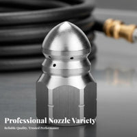 Pressure Washer Sewer Nozzle Stainless Steel Drain Cleaning Nozzle 1 Front 6 Rear Sprays Foam Dispenser Sprayer for Professionals, Car Washing