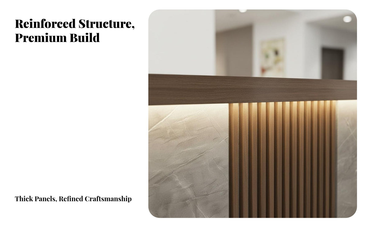 Modern Corner Front Desk Sturdy Construction L-Shaped Reception Desk Multi-Level Design Cashier Stand for Receptionists, Workplaces, Salons