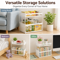 Under Sink Storage, 2 Tier Pull Out Cupboard Organiser, White Metal Kitchen Storage with Sliding Drawer, Space Saving for Cleaning Supplies