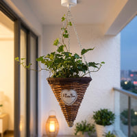Hanging Basket for Living Room and Rustic Decor, Willow Cone Wall Planter with Metal Chain, Handmade Plant Basket for Fence Hanging Planters