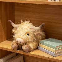 Long-Horned Highland Cow Plush Toy Shaggy Highland Cow Stuffed Animal Cuddly Cattle Plush Toy Huggable for Children, Toddlers, Nursery Decor, Shelf Display