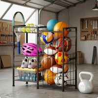Wire Frame Sports Ball Rack Black Metal Tiered Ball Rack Elastic Straps Foldable for Indoor Use