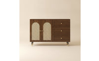 Storage Cabinet with Rattan Doors Wood-Grain Rattan Sideboard Wooden Floor Cabinet with Legs for Renters, Dining Room, Entryway, Kitchen