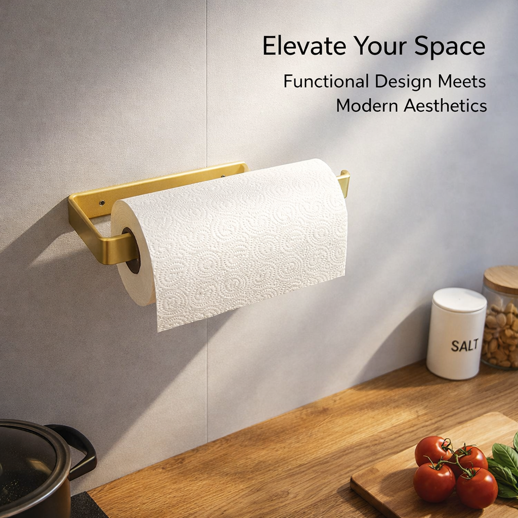 No Drill Gold Towel Rack for Kitchen Paper Towel Holder, Sets Accessories Organizer, Bedroom Accessories for Homeowners