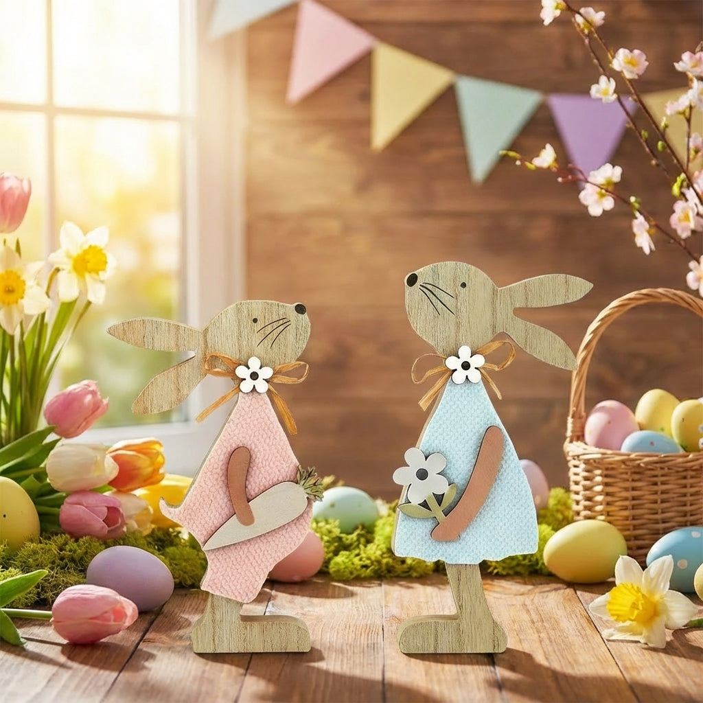 2 Pack Wooden Easter Bunny Decorations, Rustic Rabbit Figurines with Pastel Fabric & Jute Bows, Standing Table Ornaments for Spring Home Decor, Mantelpiece, Office & Tiered Tray