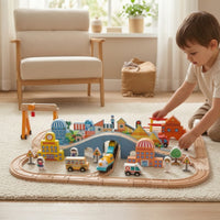 90 Pieces Wooden Train Set Diy Wooden Railway Set Toy Train Track with Accessories Non Playset BPA-Safe for Children, Playroom