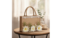 Textured Tote Bag with Floral Decoration Lightweight Tote Bag with Lace Trim Rustic Portable for Brides
