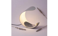 Curved Crescent Moon Lamp Modern C-Shaped Lamp Glossy Moon Table Light White and Silver for Bedroom, Living Room, Indoor
