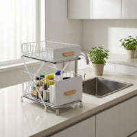 Pull-out Storage Rack Carbon Steel 2 Tier Drawer Organizer Adjustable Under Sink Basket for Cabinet Space