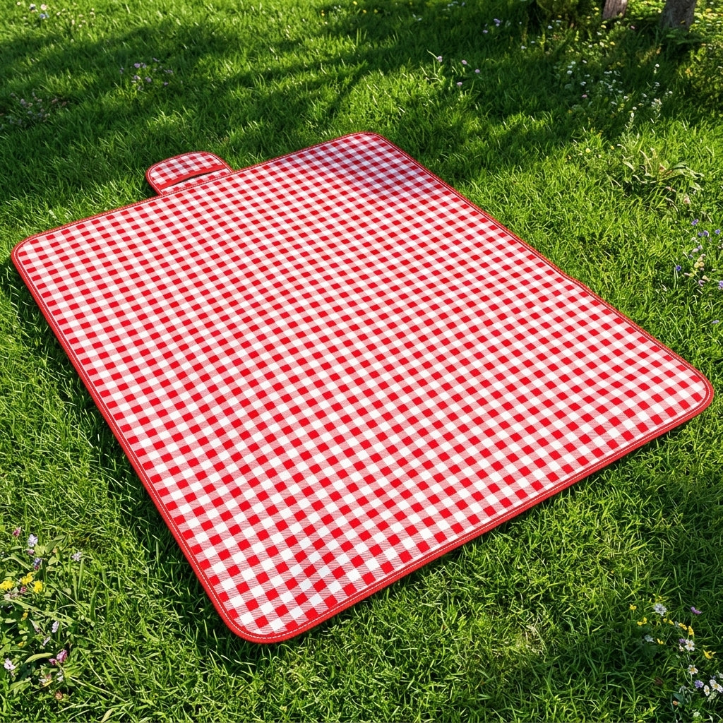Picnic Blanket and Waterproof Camping Mat for Hiking Family, Extra Large Gingham Oxford Cloth Beach Blanket, Rolled with Handle, Garden Mats