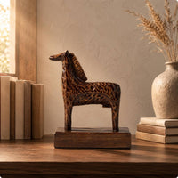 Mottled Wood Base Horse Figurine Dark Brown Standing Horse Statue Carved Display Piece Glossy for Shelf, Desk