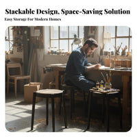 Mortise and Tenon Joint Stackable Round-Top Stool Vintage Design Stackable Woven Top Stool Space-Saving Backless Chair Multi-Purpose for Cafe Owners, Party Hosts, Dining Room, Kitchen, Bedroom, Entryway
