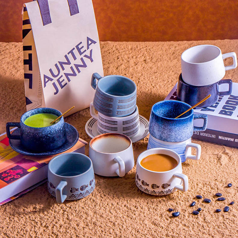 日式复古咖啡杯碟套装创意陶瓷拉花杯子家用高档精致马克杯牛奶杯