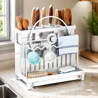 Stainless Steel Utensil Holder, Modern Countertop Cutlery Drainer with Double Chopstick & Rag Rack, Drip Tray for Small Kitchens