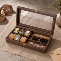Watch and Glasses Box Wood-Grain Glass Lid Watch Box Scratch Protection