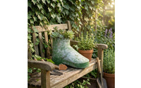 Weathered Shoe Planter Distressed Finish Boot Planter Mottled Green and Gray Vintage Flower Pot Iron
