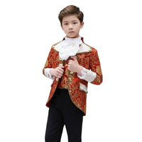 European Court Formal Wear Ruffled Jabot Boys' Prince Charming Suit Fit Brocade Jacket Tuxedo Set for Themed Party, Halloween, Photo Event