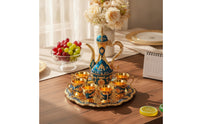 Ornate Wine Serving Set with Tray Gold-Toned Ewer and Cup Set Embossed Wine Goblets Vintage Style for Hosts, Collectors, Weddings, Home Bar, Dining Room, Housewarming