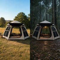 Hexagonal Blackout Camping Tent with Sunshade and Rain Protection, Quick Setup for Outdoor Family Fun
