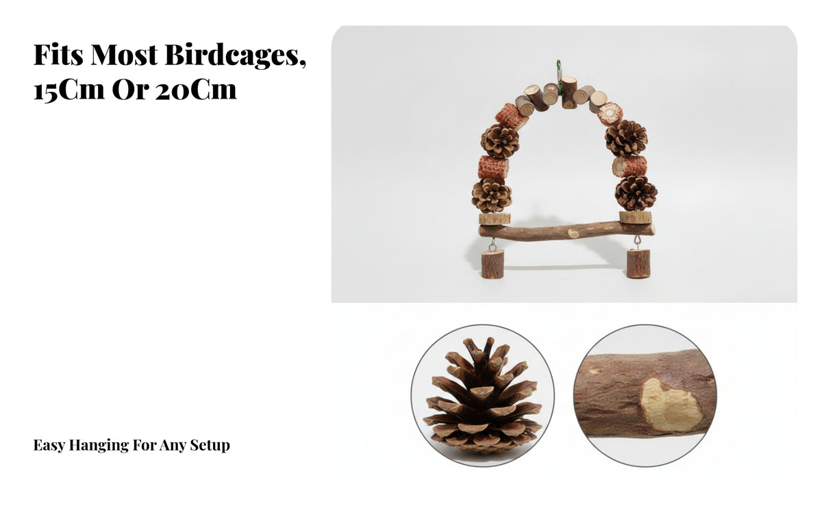 Chewable Hanging Bird Swing Toy | Wood Construction, Bird Swing with conifer Cones