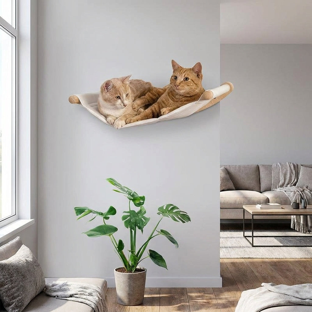 Wall Mounted Cat Hammock Bed, Modern Wooden Cat Bed for Indoor Cat, Elevated Furniture with Removable Cover, Space Saving Mounted Window Perch