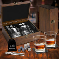 Gift Box with Drinking Glasses in a Wooden Box, Whisky Glass Set for a Birthday Gift or Home Bar, Gift for Him with 8 Stones and Ice Tongs, 10pc