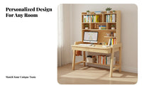 Writing Desk Multi-functional Solid Wood Computer Workstation Bookshelf Storage Adjustable Ergonomic Space-saving Design Suitable for Students Children Home Office Dorm Room Study Area