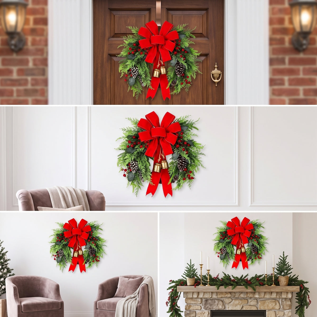 Christmas Wreath with Bow Festive Christmas Wreath with Bells Holiday Door Hanger for Entryway, Fireplace