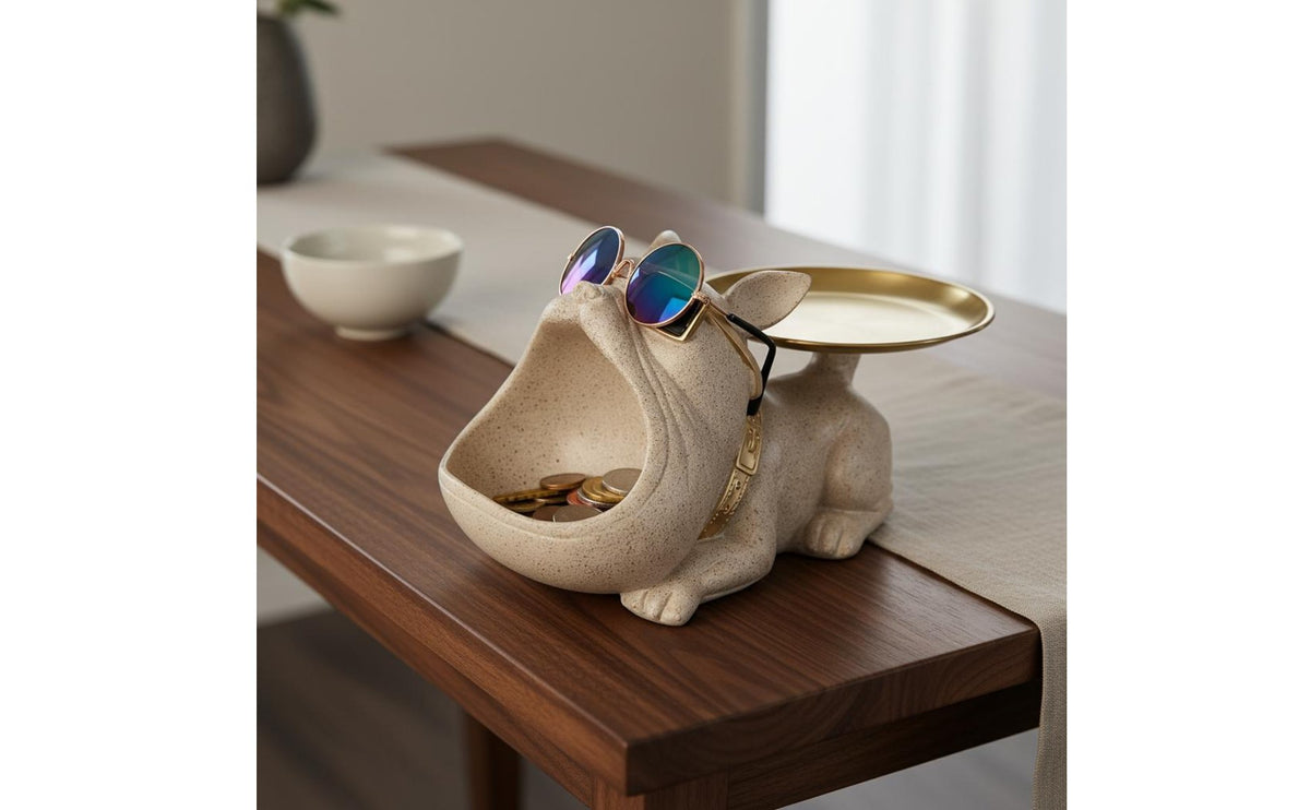 French Canine Statue Tray Hand Painted Dog Figurine Storage Bowl Canine Valet Tray Creative Design for Desktop, Living Room