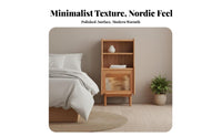Solid Wood Legs Rattan Front Nightstand Woven Panel Rattan Door End Table Minimalist Design Bedside Cabinet Multi-Level Storage for Homeowners, Renters, Students, Bedroom, Home Office, Entryway
