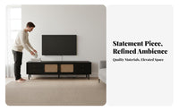 Retro Design Rattan TV Console Wabi-Sabi artistic Rattan Door TV Cabinet Woven Front Living Room Furniture Floor-Standing for Homeowners, Renters, Lounge Area, Apartment, Bedroom