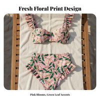 High Waist Ruffle Bikini Modest Coverage Floral Print Bikini Set Vintage Influenced High Waisted Floral Swimsuit for Moms, Adults, Beach, Resort