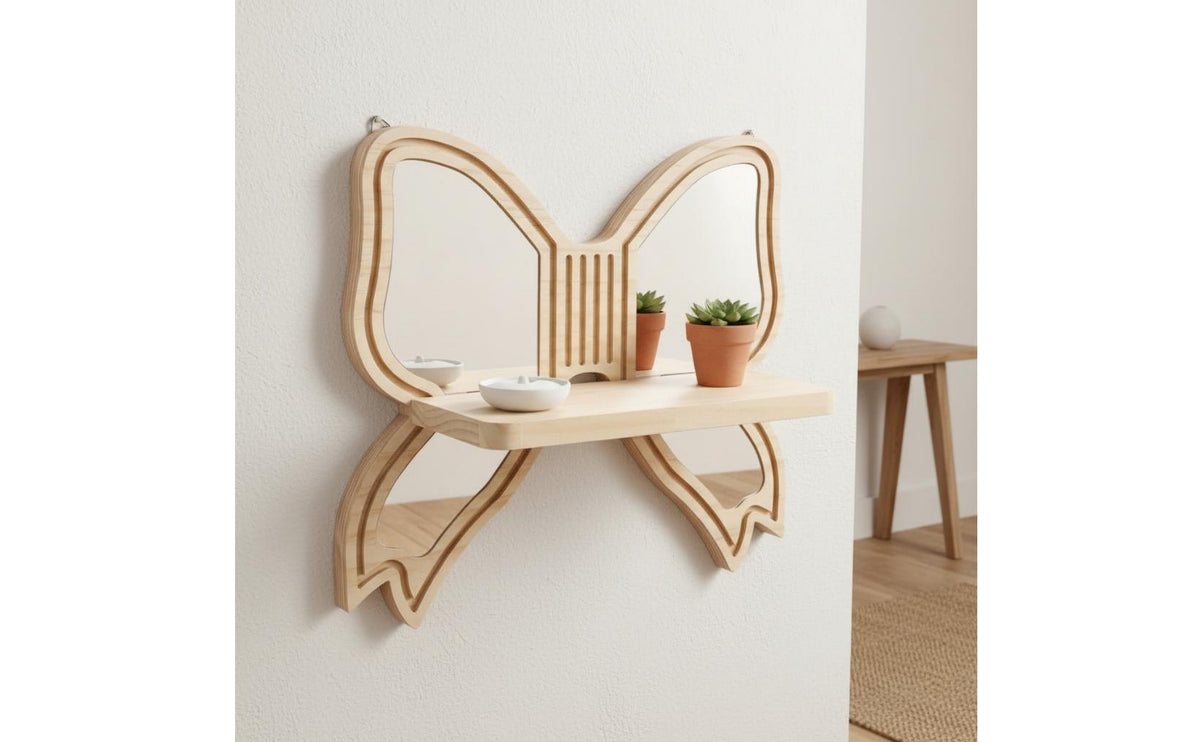 Decorative Butterfly Mirror Shelf Wood Finish Mirror Wall Decor Shelf Space Saving for Bedroom, Entryway