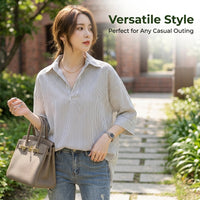 Women Striped Collared Shirt with Three Quarter Sleeves for Golf and Casual Wear, Loose Fit Pullover Top for Office and Going Out, Polyester Blend